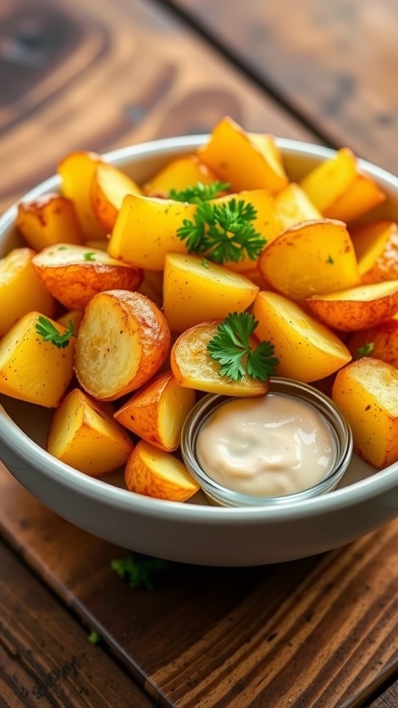 Crispy roasted yellow potatoes garnished with parsley, served in a bowl on a wooden table.